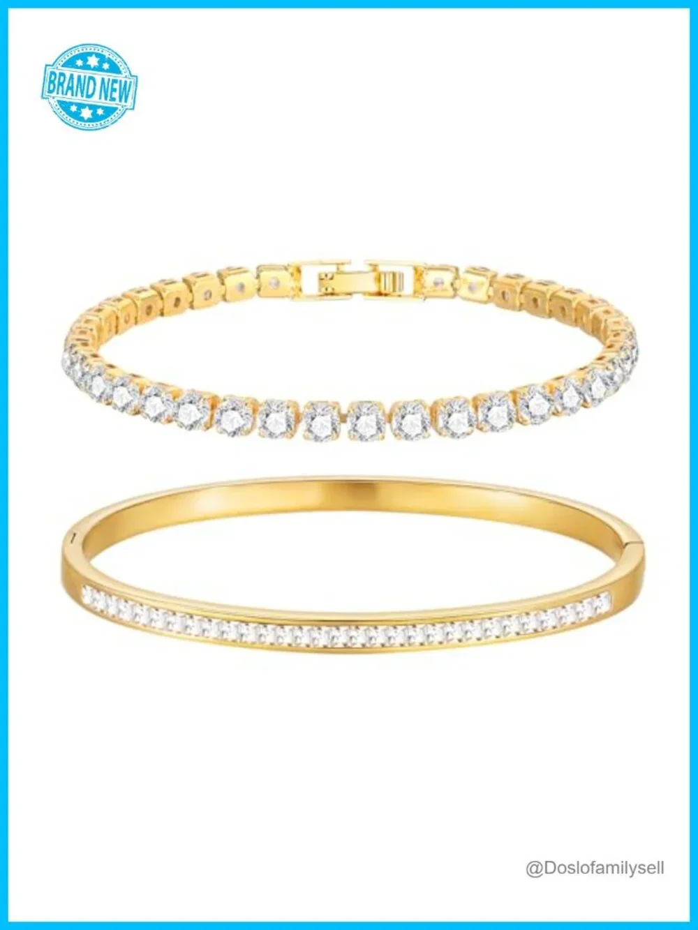 2Pcs 18K Gold Plated Cubic Zirconia Bangle Tennis Bracelet Stackable Set